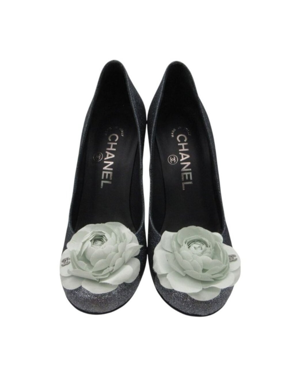 Chanel Pumps Camellia CC Logo Glitter Heels Shoes Navy